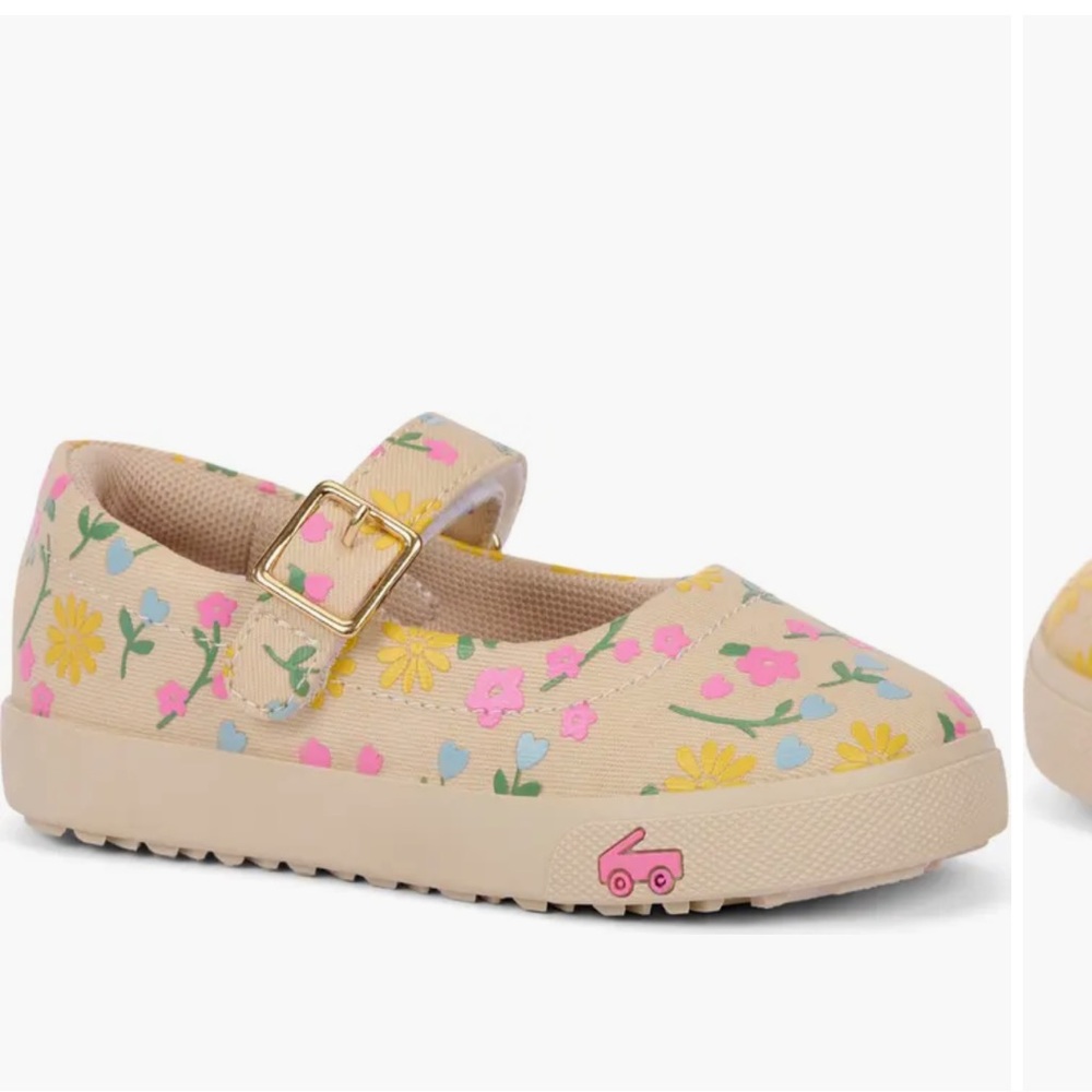 See Kai Run Beige Floral Mary Jane Sneakers with Pink & Yellow Accents